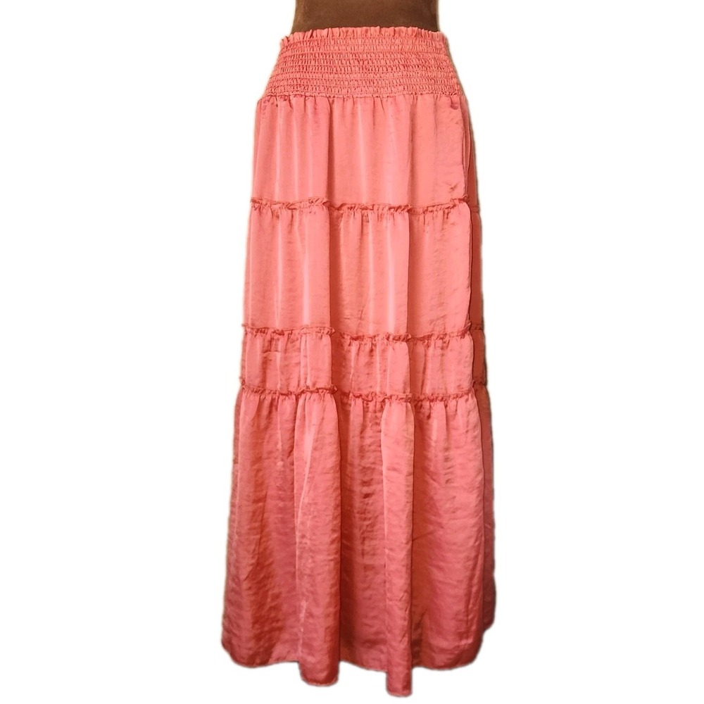 NY COLLECTION Skirt Teired Peasant Size L Coral Satin Stretch Size L Lightweight